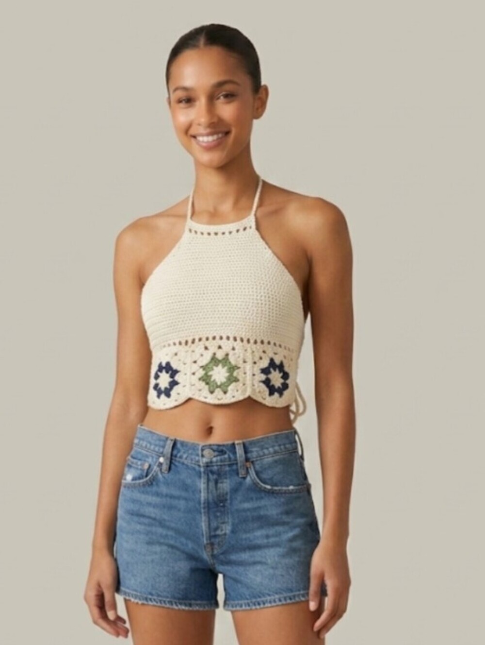 Crochet Halter Top Handmade Granny Square XS/S Cream Boho Festival
